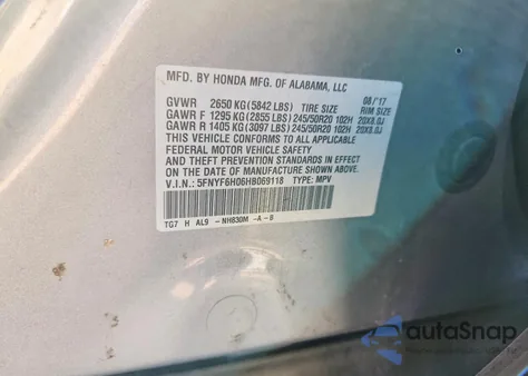 2017 Honda Pilot Elite z USA, uszkodzony, nr VIN 5FNYF6H06HB069118